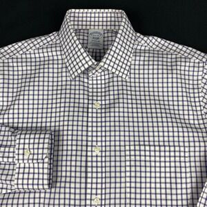 Brooks Brothers Dress Shirt Mens 15.5-32 Blue/White Check Regular NoIron Stretch